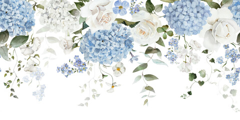 Seamless watercolor floral border. Hydrangea, myosotis, rose, peony. Blue green white flowers, leaves on white background. Fashion, fabric, pattern, wallpapers, prints, wedding invitations, clipart.
