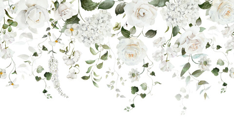Seamless watercolor floral border. Hydrangea, myosotis, rose, peony. White green flowers, leaves on white background. Fashion, fabric, pattern, wallpapers, prints, wedding invitations, clipart. © Veris Studio