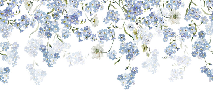 Seamless watercolor floral border. Hydrangea, myosotis, rose, peony. Blue green white flowers, leaves on white background. Fashion, fabric, pattern, wallpapers, prints, wedding invitations, clipart.