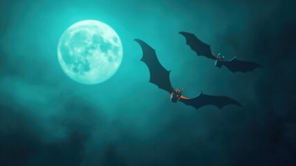 Bats Soaring Through Misty Night Sky Under Full Moon in Enchanting and Mysterious Atmosphere with Fog and Dark Clouds Enhancing Spooky Vibe