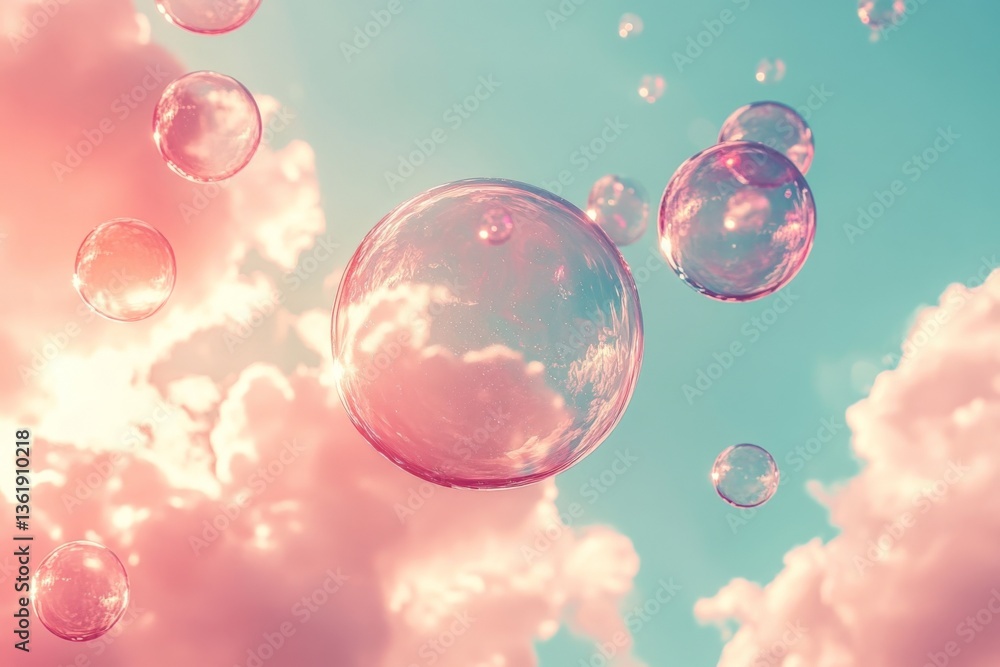 Poster colorful bubbles floating in a bright sky during a sunny day in springtime