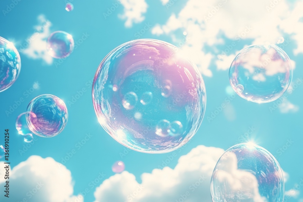 Poster bubbles floating in a bright blue sky on a sunny day with fluffy white clouds