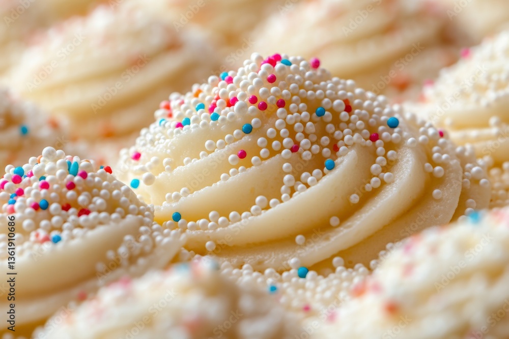 Aufkleber frosted cupcakes decorated with colorful sprinkles in a bakery setting during daylight hours
