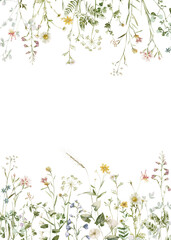 Watercolor wildflower floral illustration - green gold leaf flower ivy frame border, for wedding stationary, greetings, wallpapers, fashion, background, textile. Eucalyptus, olive, green leaves, etc.