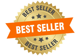 best seller. best seller round orange and gold label isolated on transparent background