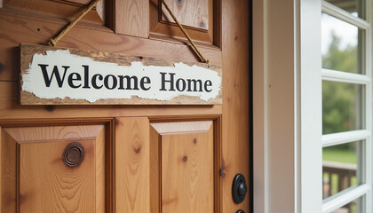 Welcome Home sign on a wooden door for blogs, websites, home decor designs, real estate marketing, greeting cards, and digital illustrations illustrating warmth and hospitality