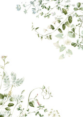 Watercolor wildflower floral illustration - green gold leaf flower ivy frame border, for wedding stationary, greetings, wallpapers, fashion, background, textile. Eucalyptus, olive, green leaves, etc.