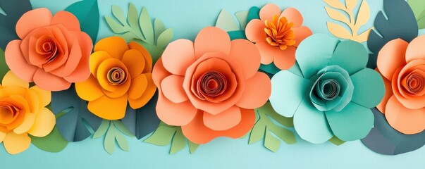 kids art craft and collage concept. Colorful paper flowers arranged beautifully on a blue background.