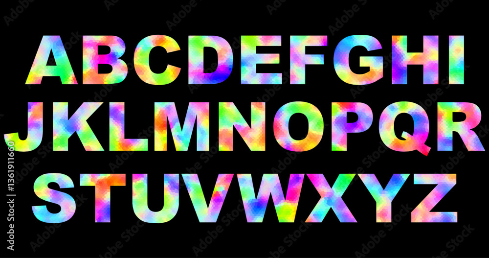 Poster bright alphabet letters filled with a mosaic pattern of multi-colored cells. abstract style with geo