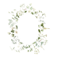 Watercolor wildflower floral illustration - green gold leaf flower ivy frame wreath, for wedding stationary, greetings, wallpapers, fashion, background, textile. Eucalyptus, olive, green leaves, etc.