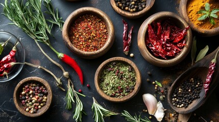 Bowls of colorful spices and herbs on dark wooden table
