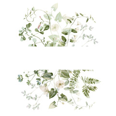 Watercolor wildflower floral illustration - green gold leaf flower ivy frame wreath, for wedding stationary, greetings, wallpapers, fashion, background, textile. Eucalyptus, olive, green leaves, etc.