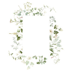 Watercolor wildflower floral illustration - green gold leaf flower ivy frame wreath, for wedding stationary, greetings, wallpapers, fashion, background, textile. Eucalyptus, olive, green leaves, etc.