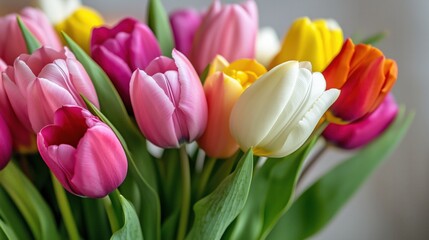 Naklejka premium Colorful Tulip Bouquet in Bloom with Green Leaves 