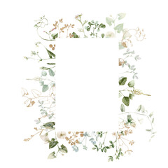 Watercolor wildflower floral illustration - green gold leaf flower ivy frame wreath, for wedding stationary, greetings, wallpapers, fashion, background, textile. Eucalyptus, olive, green leaves, etc.