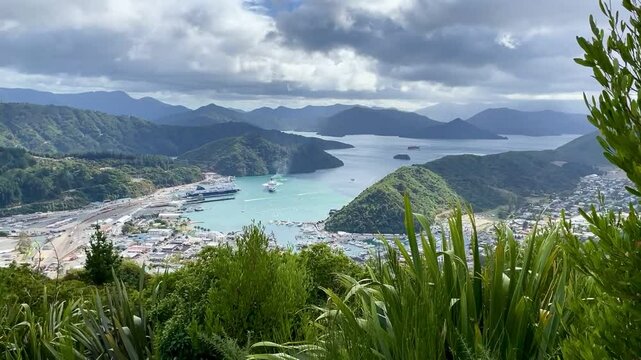 panorama of picton harbour seen from tirohanga track; new zealand south island, cook strait; ferry connecting picton with wellington. Grass moving on the wind and ship cruising in the background
