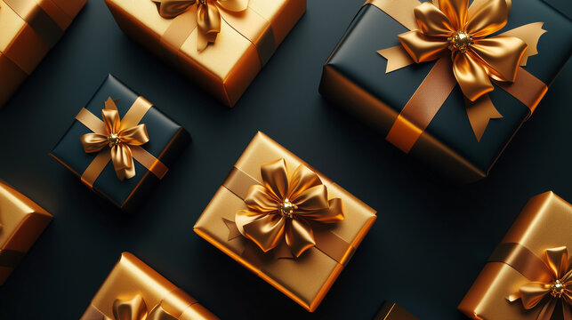 Top view of luxury gift boxes wrapped in black and gold paper with glossy golden ribbon bows arranged in elegant pattern on dark background, Concept of celebration, luxury and festive occasions.