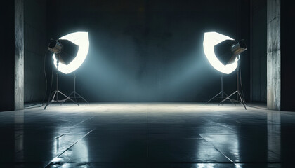 Modern dark photoshoot setup with lights in a minimalist studio  