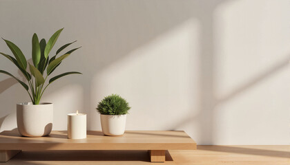 Indoor plants and candle on wooden shelf with soft lighting for blogs, websites, interior design projects, home decor inspiration, lifestyle articles, and stationery designs