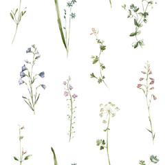 Wildflower watercolor floral seamless pattern - flowers, green leaves, branches on white background, Wrapping paper, wallpaper, postcard, greeting card, wedding invitation, textile, fashion, print.