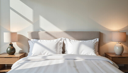 Cozy bedroom with modern decor and soft pillows for blogs, websites, interior design projects, home decor articles, furnishing guides, digital marketing, and relaxation-themed content