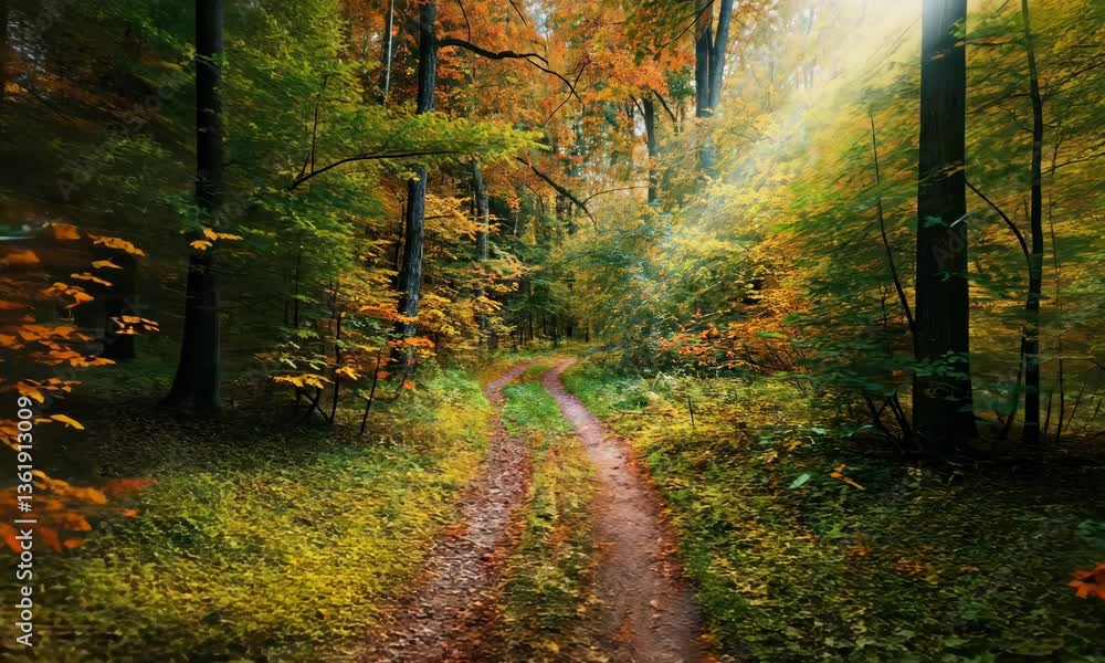 Poster sunlight filters through trees in tranquil forest pathway during autumn