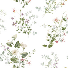 Wildflower watercolor floral seamless pattern - flowers, green leaves, branches on white background, Wrapping paper, wallpaper, postcard, greeting card, wedding invitation, textile, fashion, print.