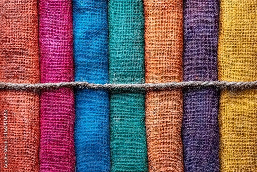 Poster colorful rolls of burlap fabric displayed in a shop during a sunny afternoon in a vibrant marketplac