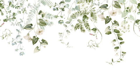 Watercolor wildflower floral seamless border - illustration with flowers, green leaves and branches, for wedding stationary greetings, wallpapers, fashion, backgrounds, textures, DIY, wrappers, cards. © Veris Studio