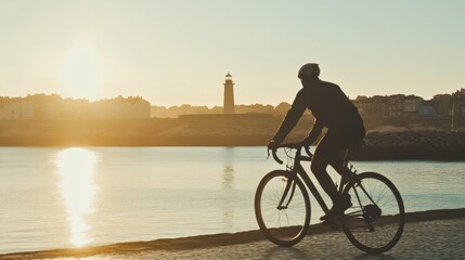Obraz premium Person Riding Bicycle By Water During Sunrise Near Lighthouse