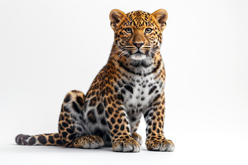 A young leopard sitting gracefully against a white backdrop, showcasing its vibrant spots and intense gaze.