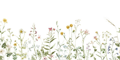 Watercolor wildflower floral seamless border - illustration with flowers, green leaves and branches, for wedding stationary greetings, wallpapers, fashion, backgrounds, textures, DIY, wrappers, cards.