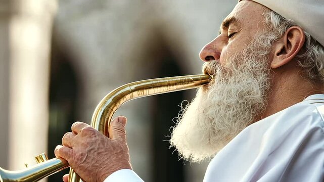 2_Jewish rabbi blowing shofar during High Holy Days ceremony
