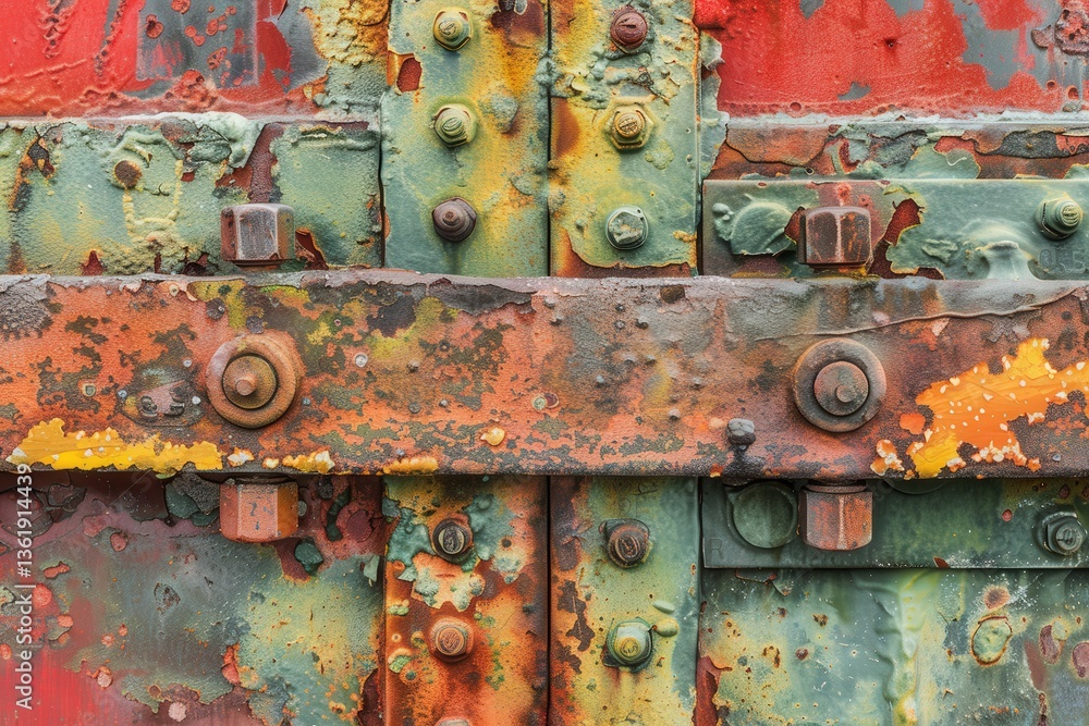 Poster a close-up of weathered metal with rust, various colors, and intricate patterns of bolts and rivets,