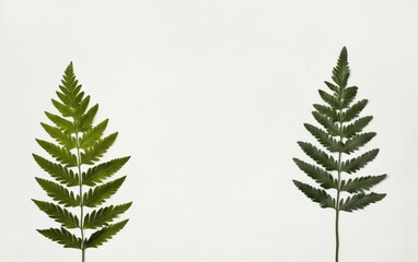 Two vibrant green fern leaves are symmetrically arranged against a textured, off-white background. The image is simple and evokes a sense of natural peace