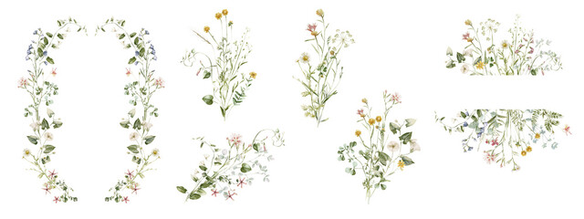 Watercolor wildflower floral illustration set - green gold flower daisy ivy wreath frame border bouquet. Wedding stationary, greetings, wallpaper, fashion, background, textile. Eucalyptus, olive, ivy. © Veris Studio