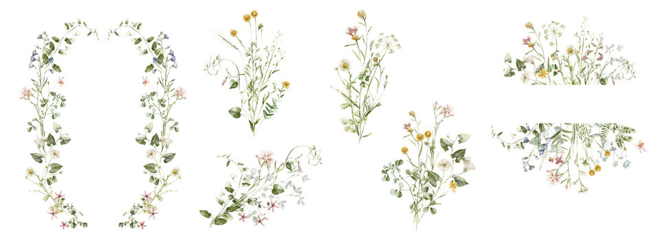 Watercolor wildflower floral illustration set - green gold flower daisy ivy wreath frame border bouquet. Wedding stationary, greetings, wallpaper, fashion, background, textile. Eucalyptus, olive, ivy.