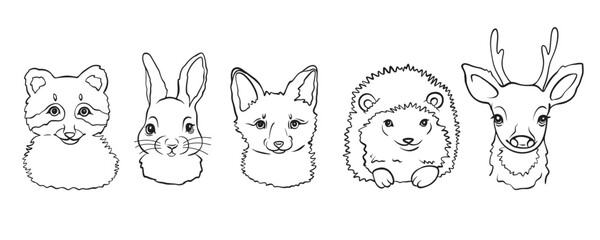 Forest animals face vector line illustrations set.