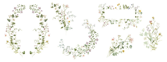 Watercolor wildflower floral illustration set - green gold flower daisy ivy wreath frame border bouquet. Wedding stationary, greetings, wallpaper, fashion, background, textile. Eucalyptus, olive, ivy.