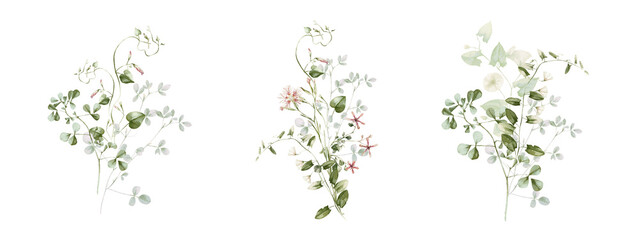 Watercolor wildflower floral illustration set - green gold flower daisy ivy wreath frame border bouquet. Wedding stationary, greetings, wallpaper, fashion, background, textile. Eucalyptus, olive, ivy.