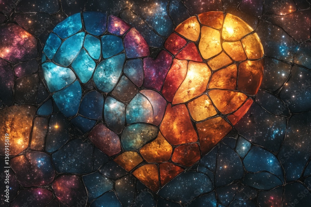 Poster vibrant heart shape made of cosmic elements representing love in the universe