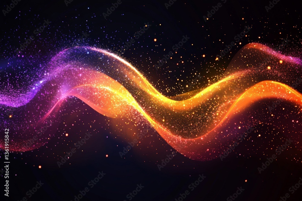 Poster Colorful abstract wave pattern with sparkling particles and vibrant gradients in dark background