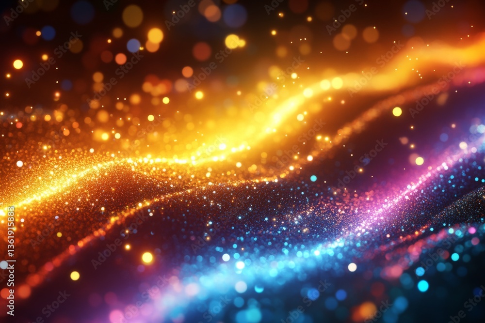 Poster Vibrant waves of color and light create a mesmerizing display of sparkling particles in an abstract digital composition
