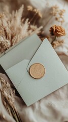 
A light green and gold wedding invitation with white paper, envelope, dried flowers, and pampas grass.