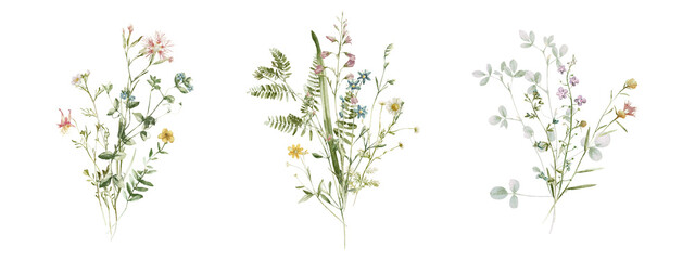 Watercolor wildflower floral illustration set - green gold flower daisy ivy wreath frame border bouquet. Wedding stationary, greetings, wallpaper, fashion, background, textile. Eucalyptus, olive, ivy.