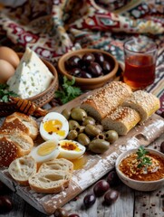 Turkish breakfast spread with bread, olives, eggs, and tea on a colorful patterned tablecloth