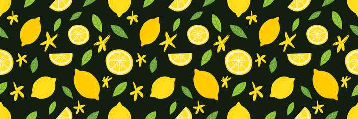 Seamless pattern of yellow lemons on dark background. Bright summer puttern. Print for fabric, wallpaper etc. Vector illustration.