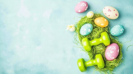 Colorful easter eggs and dumbbells on pastel background: fitness and festive vibes combined