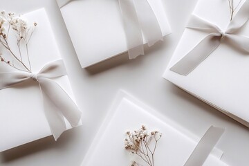 A photo of white wedding invitation cards adorned with delicate grey ribbon and dried flowers, placed on top of soft pastel-colored paper for an elegant touch. 