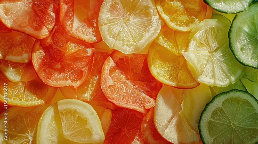 Poster close-up view of vibrant citrus fruit slices, arranged in a colorful pattern. slices of lemon, lime,